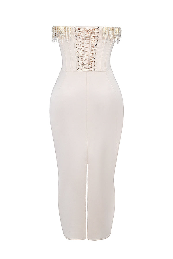 vintage cream embellished strapless dress
