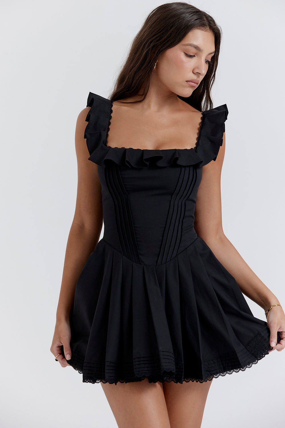 black pin tuck pleated dress