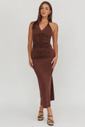 Mixed Feelings Ruched Bodice Halter Maxi Dress Chocolate
