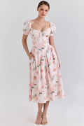 peach floral cotton puff sleeve midi dress