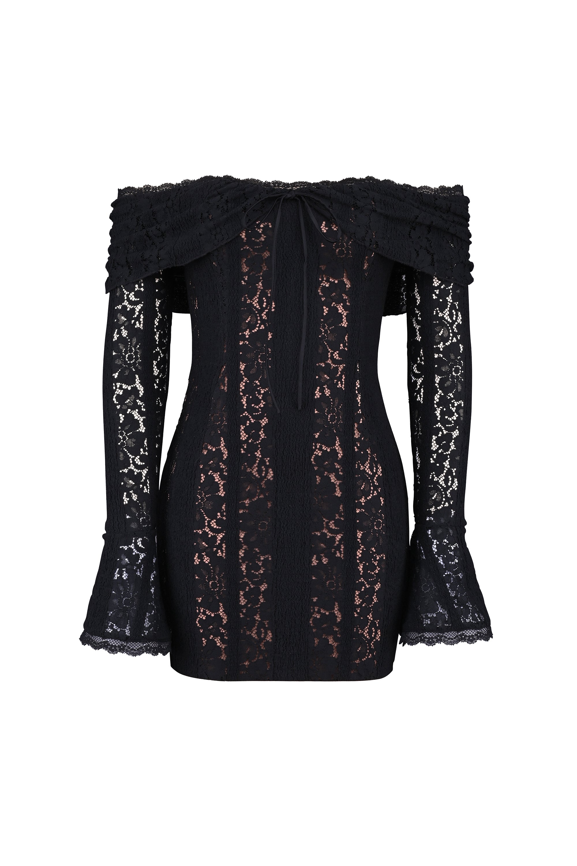 black floral lace off shoulder mini dress