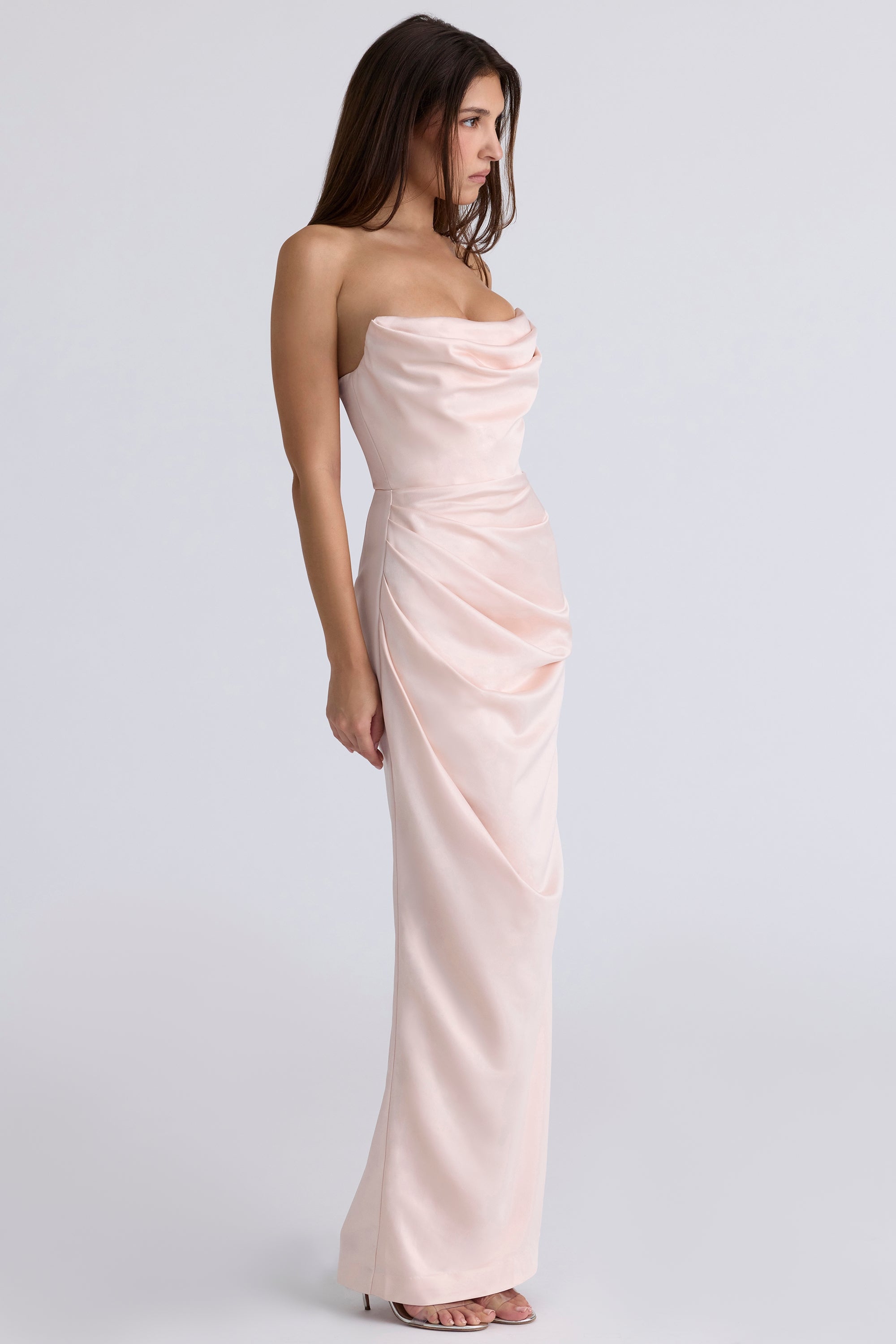 champagne satin strapless gown