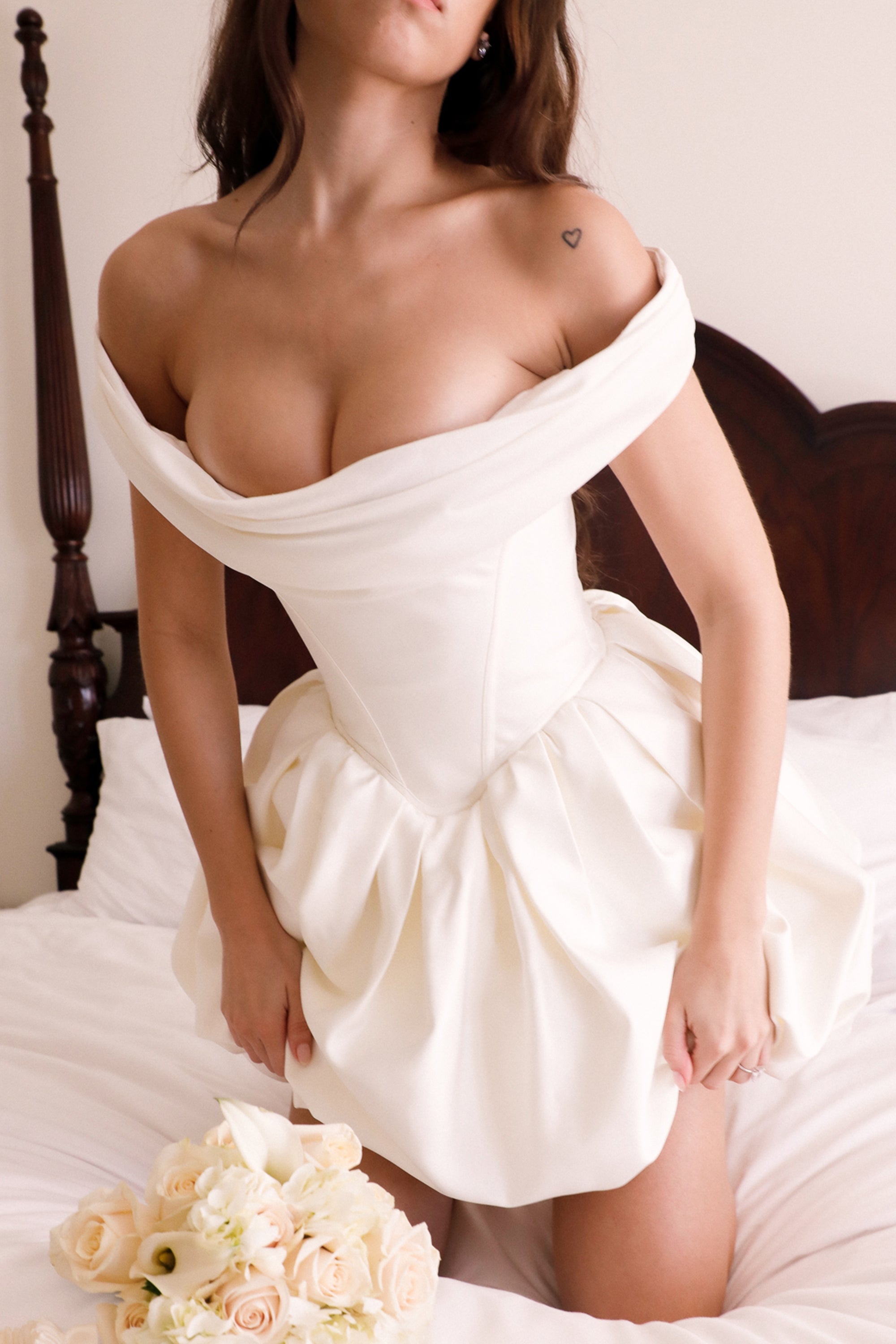 ivory satin off shoulder mini bridal gown