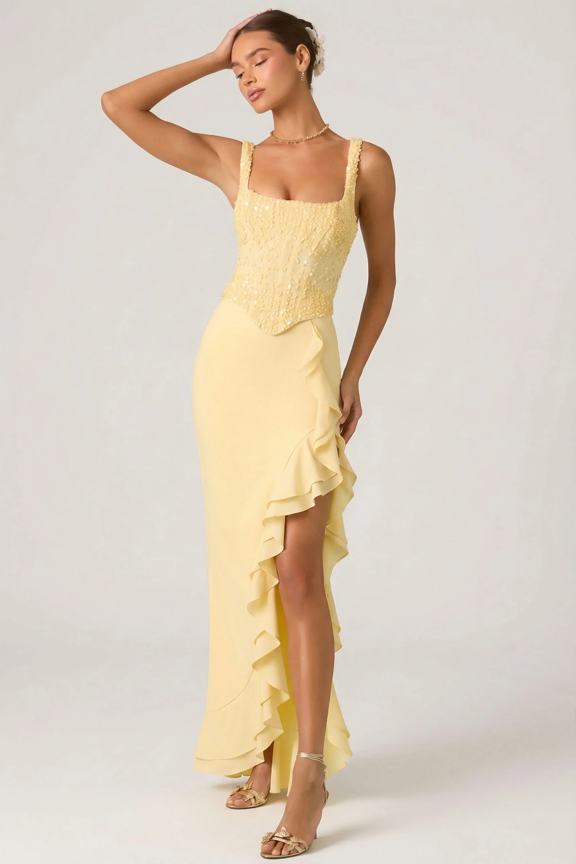 Embellished Ruffle-Trim Corset Gown in Yellow