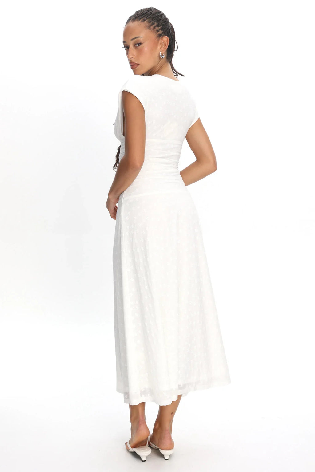 Novia Ruched Bodice Maxi Dress Embroidered Off White