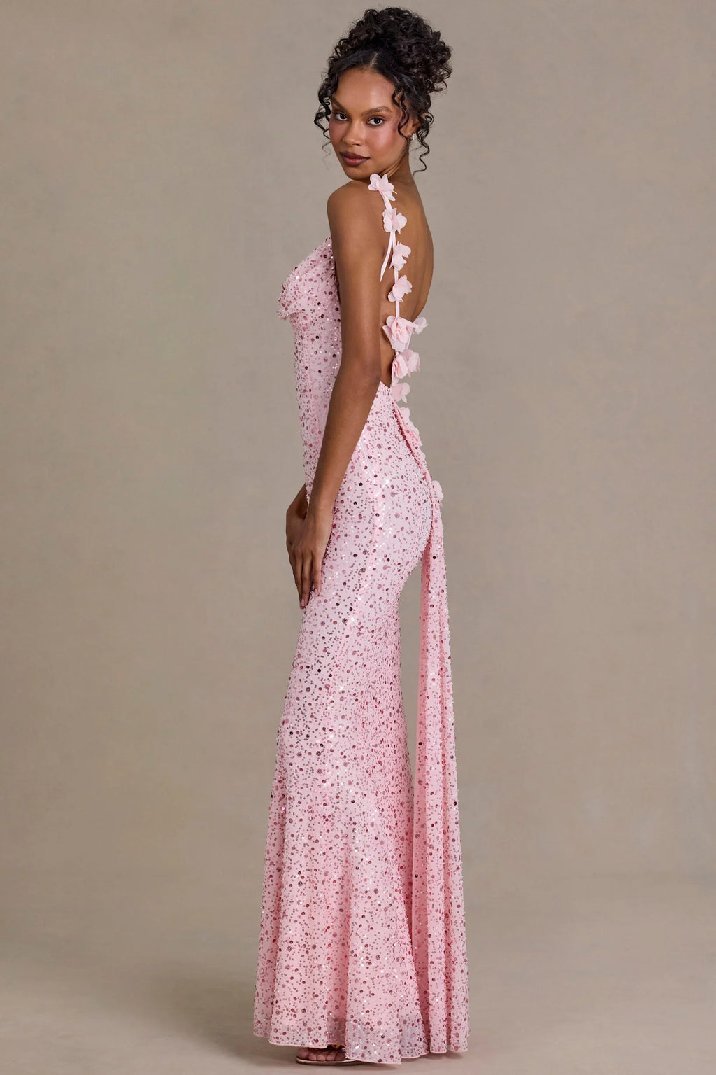 Embellished Open-Back Maxi Dress in Baby Pink