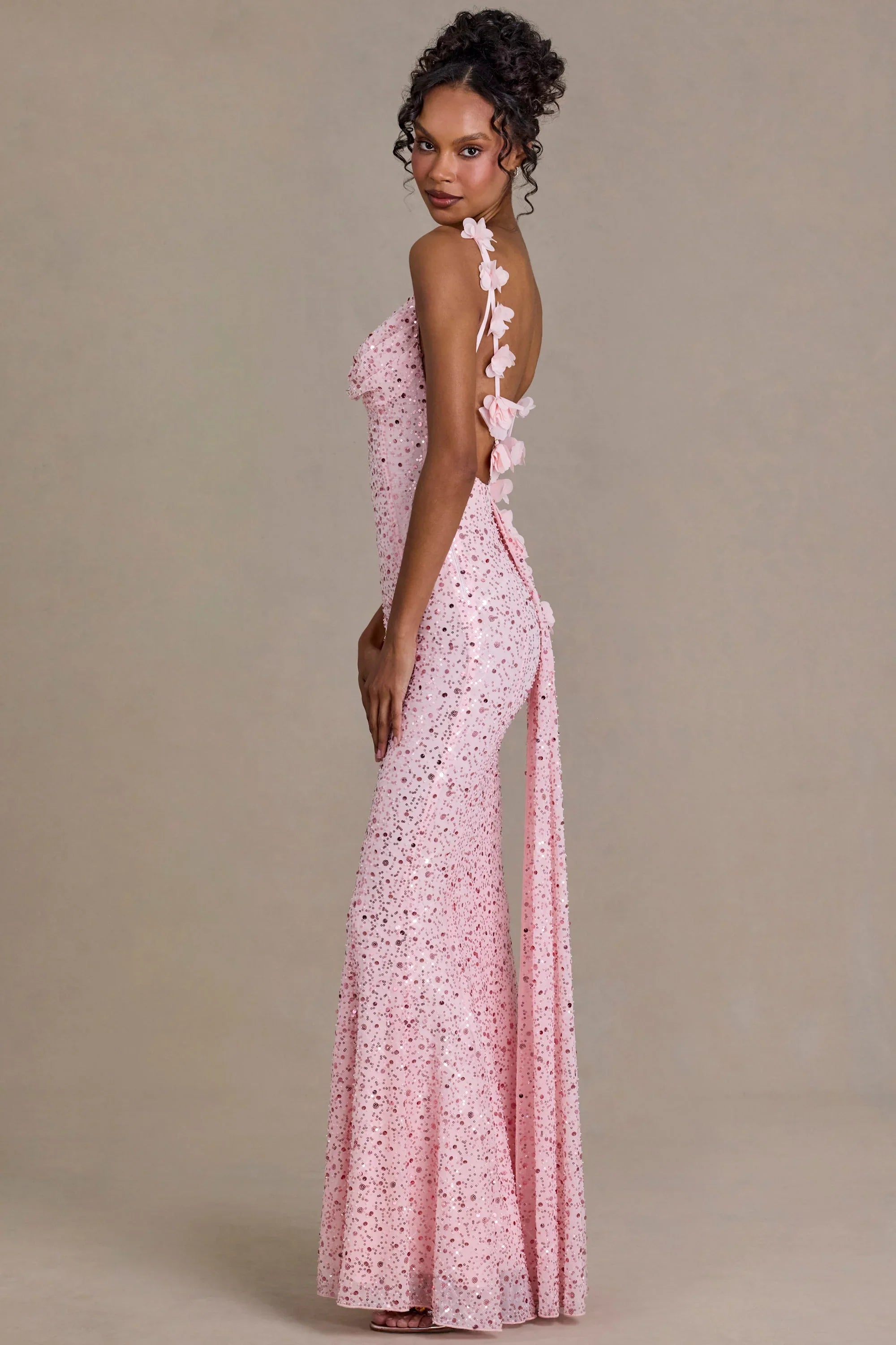 Embellished Open-Back Maxi Dress in Baby Pink