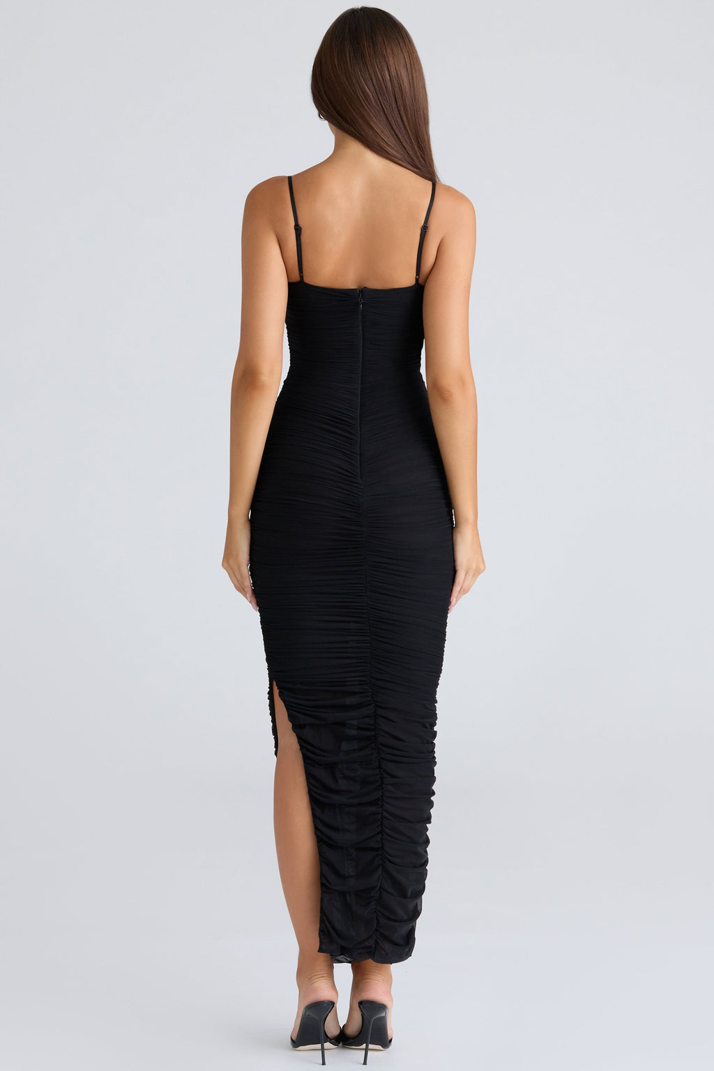 black gathered stretch mesh maxi dress