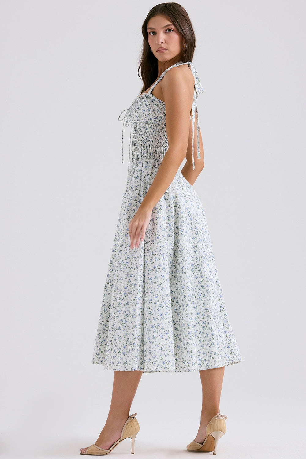 white bluebell print cotton halter sundress