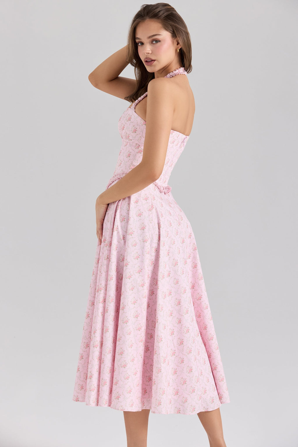 pink rose print stretch cotton halter neck midi dress