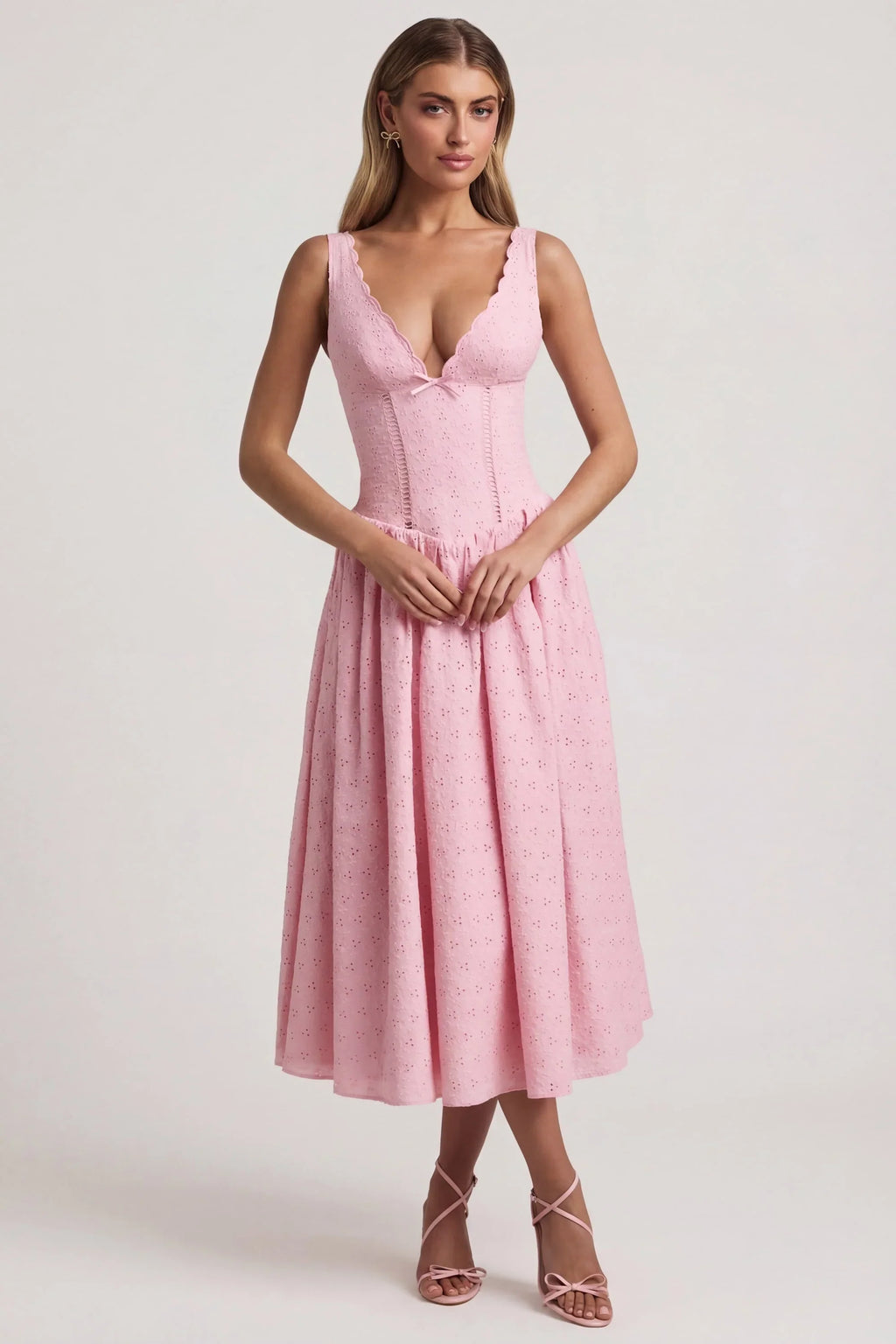 Broderie Anglaise Bow-Detail A-Line Midaxi Dress in Soft Pink