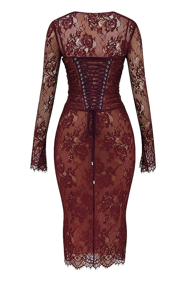 claret lace midi dress