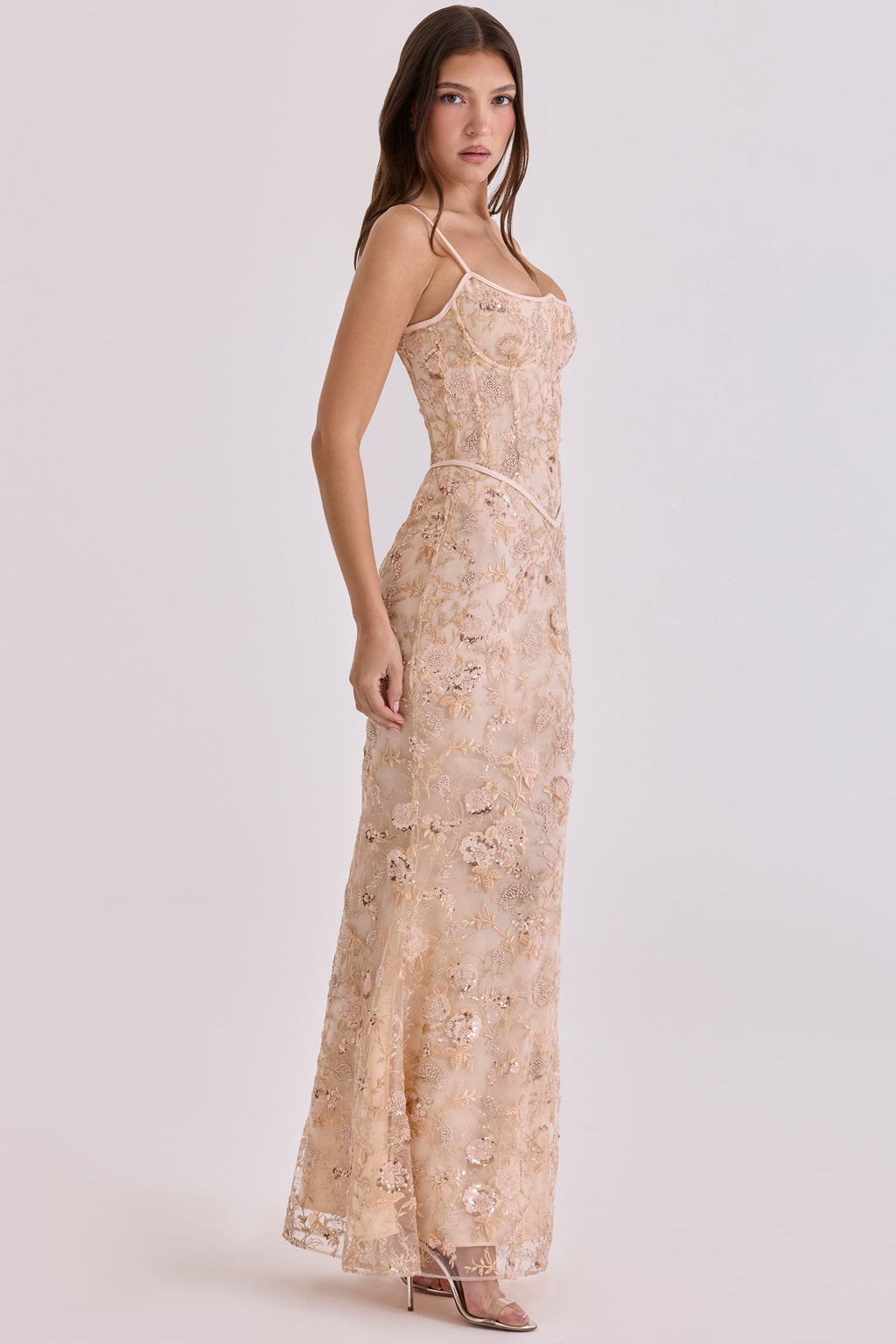 peach hand beaded embellished corset maxi dress - limited edition