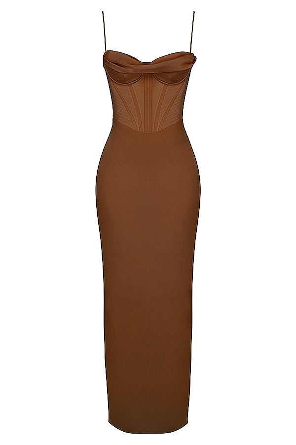 chocolate corset maxi dress