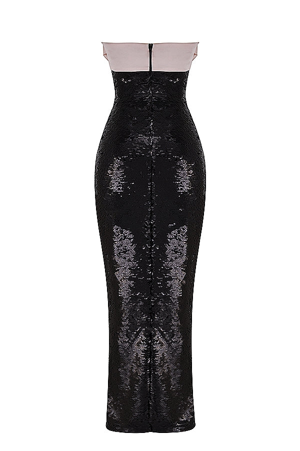 black sequin strapless bow dress