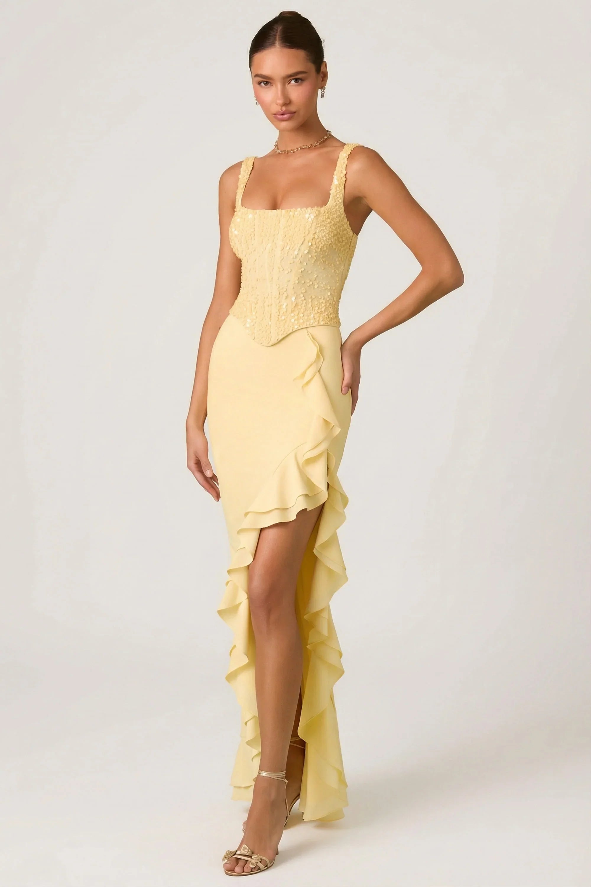 Embellished Ruffle-Trim Corset Gown in Yellow