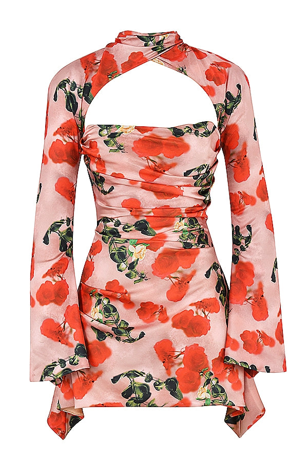 rose print draped corset dress