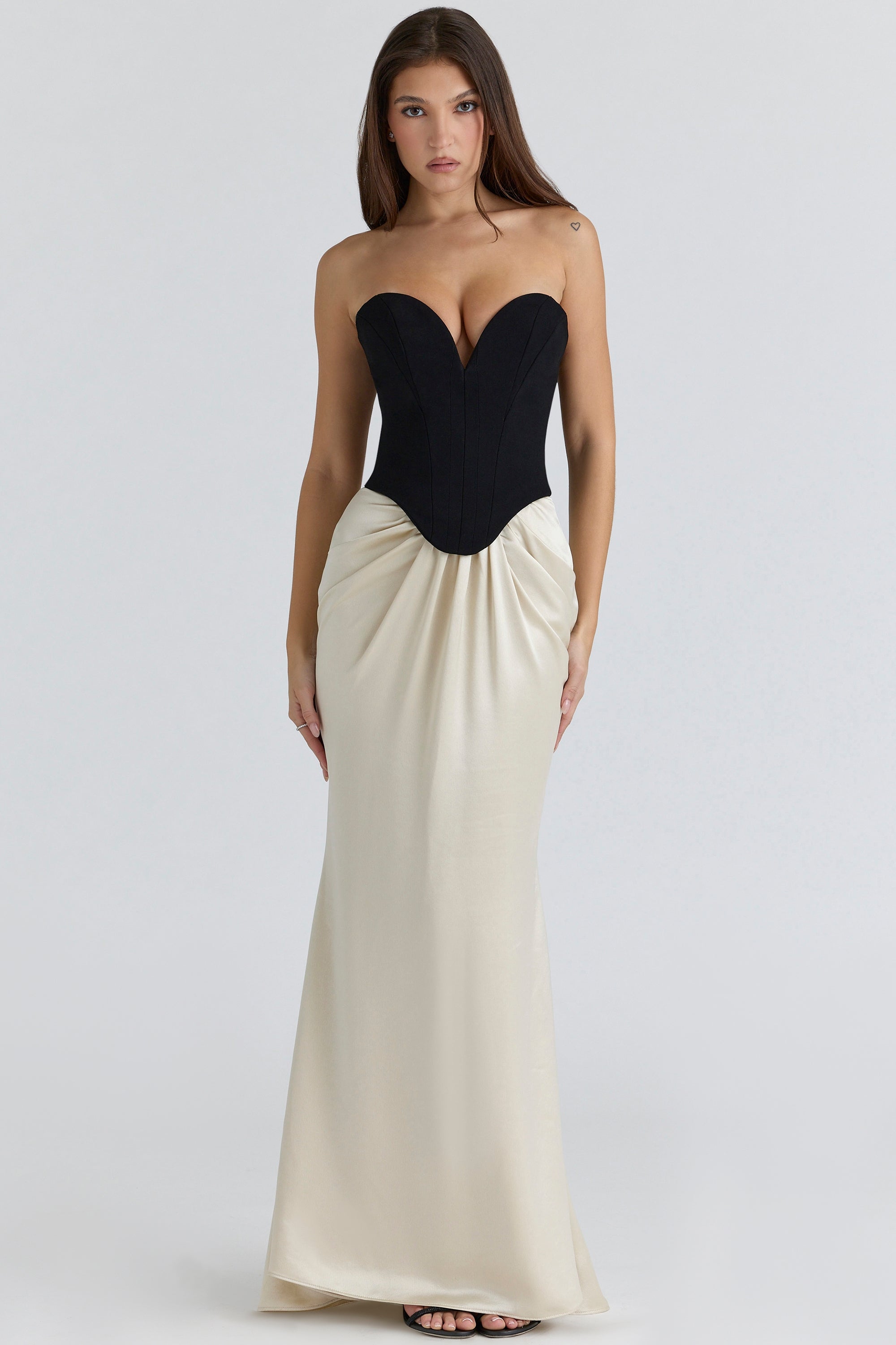 black & champagne corset maxi gown