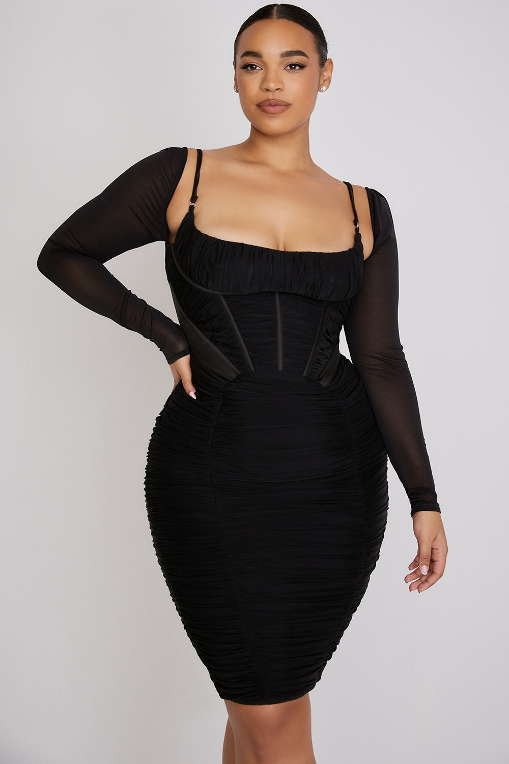 black gathered corset dress