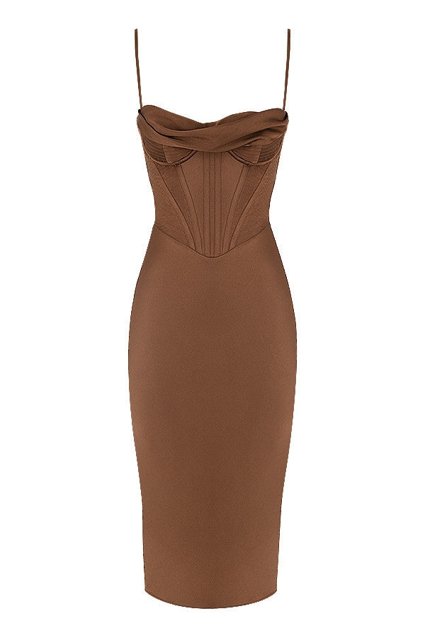 chocolate satin corset slip dress