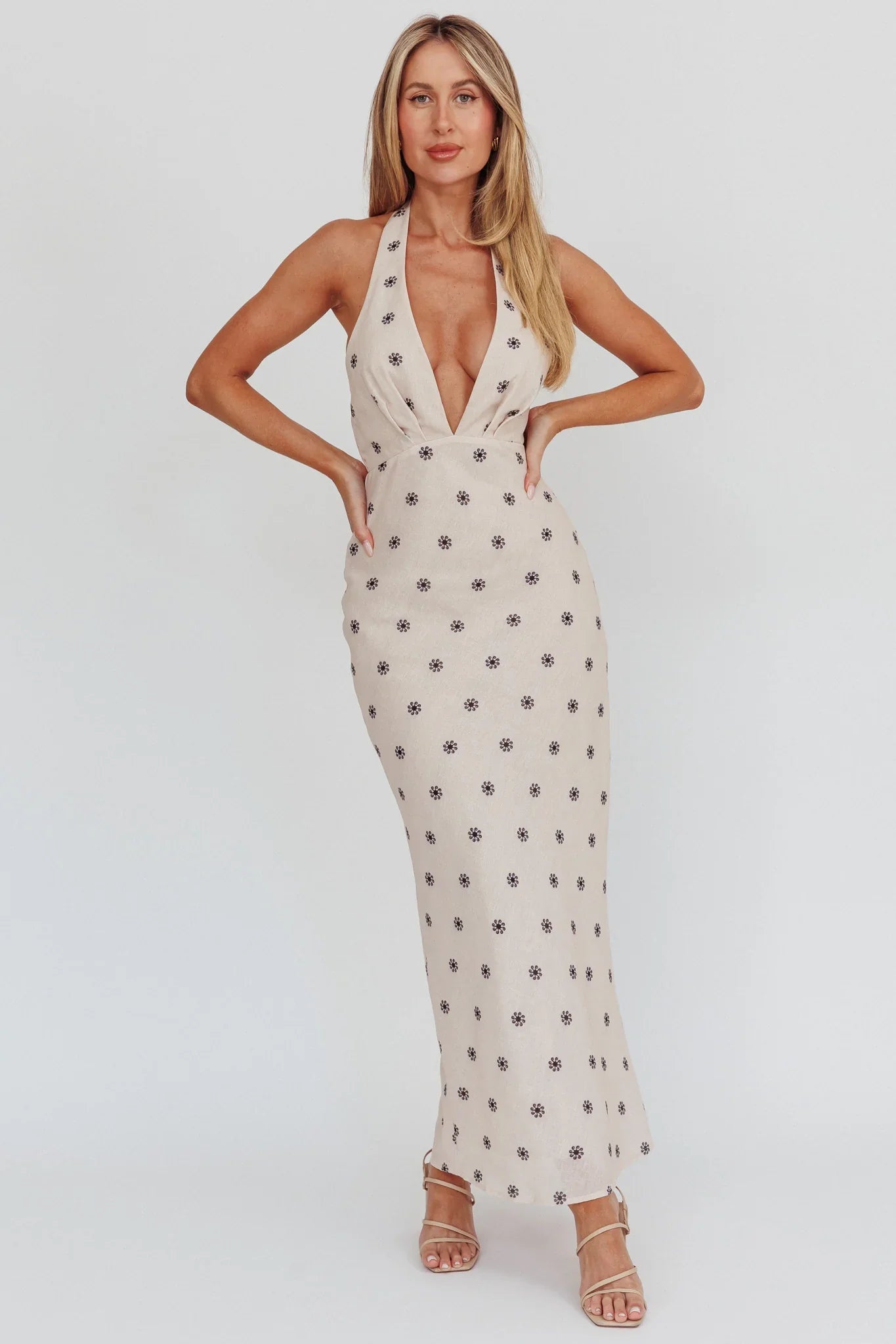 Of Your Dreams Plunging Halter Dress Oat
