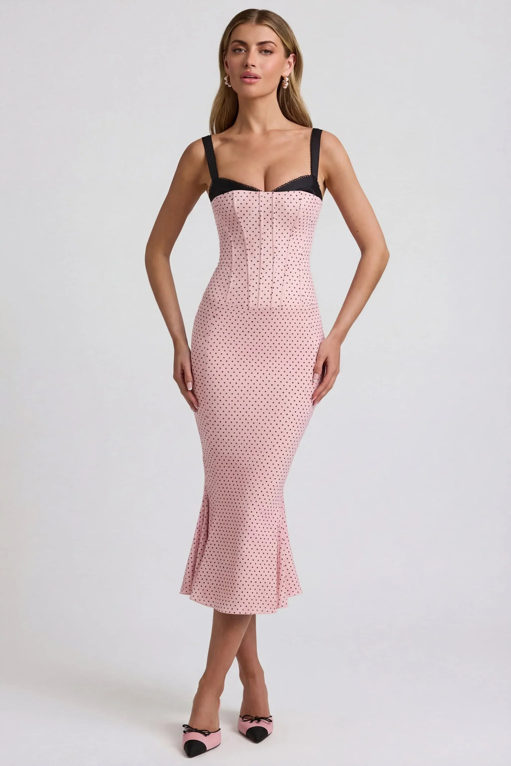 Layered Bra-Detail Fishtail Midaxi Dress in Pink Polka Dot