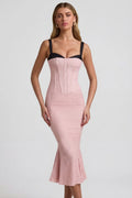 Layered Bra-Detail Fishtail Midaxi Dress in Pink Polka Dot