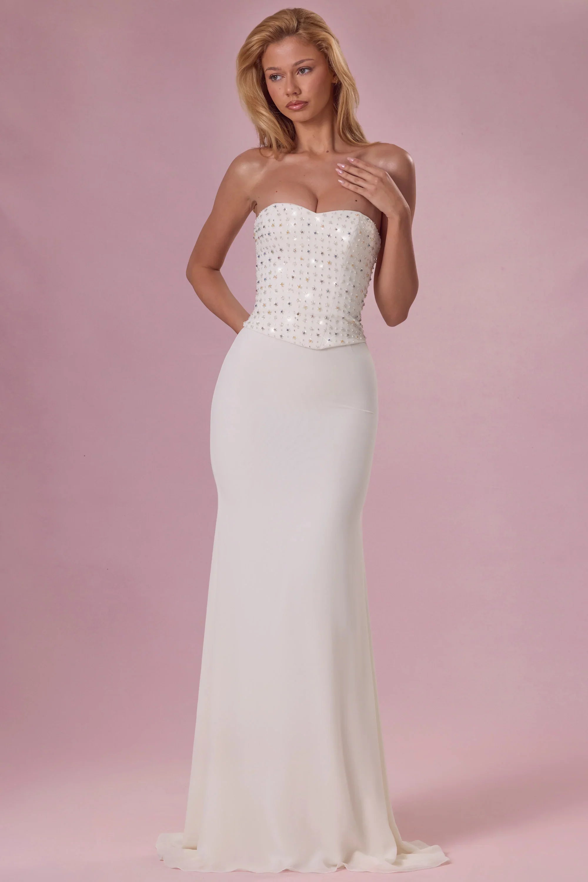 Embellished Corset Strapless Gown in Ivory