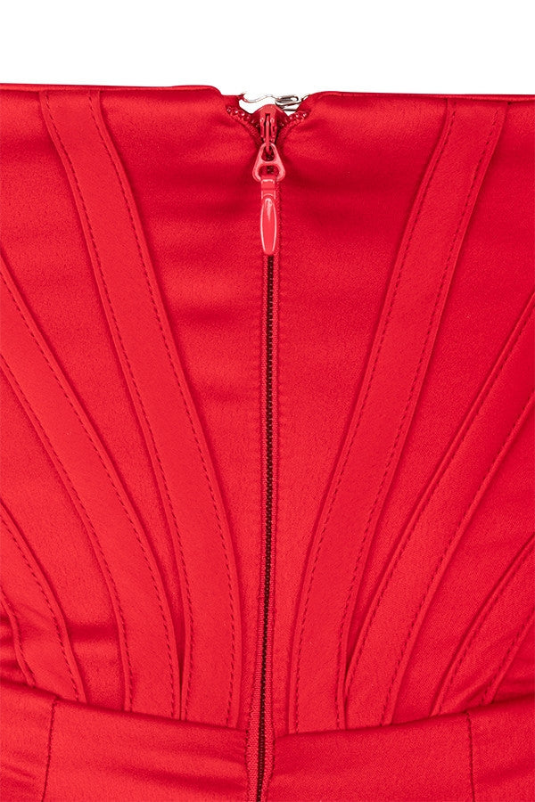red satin off shoulder dress