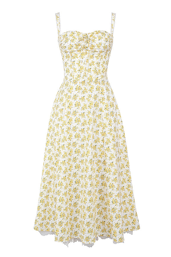 white vintage floral print cotton bustier sundress