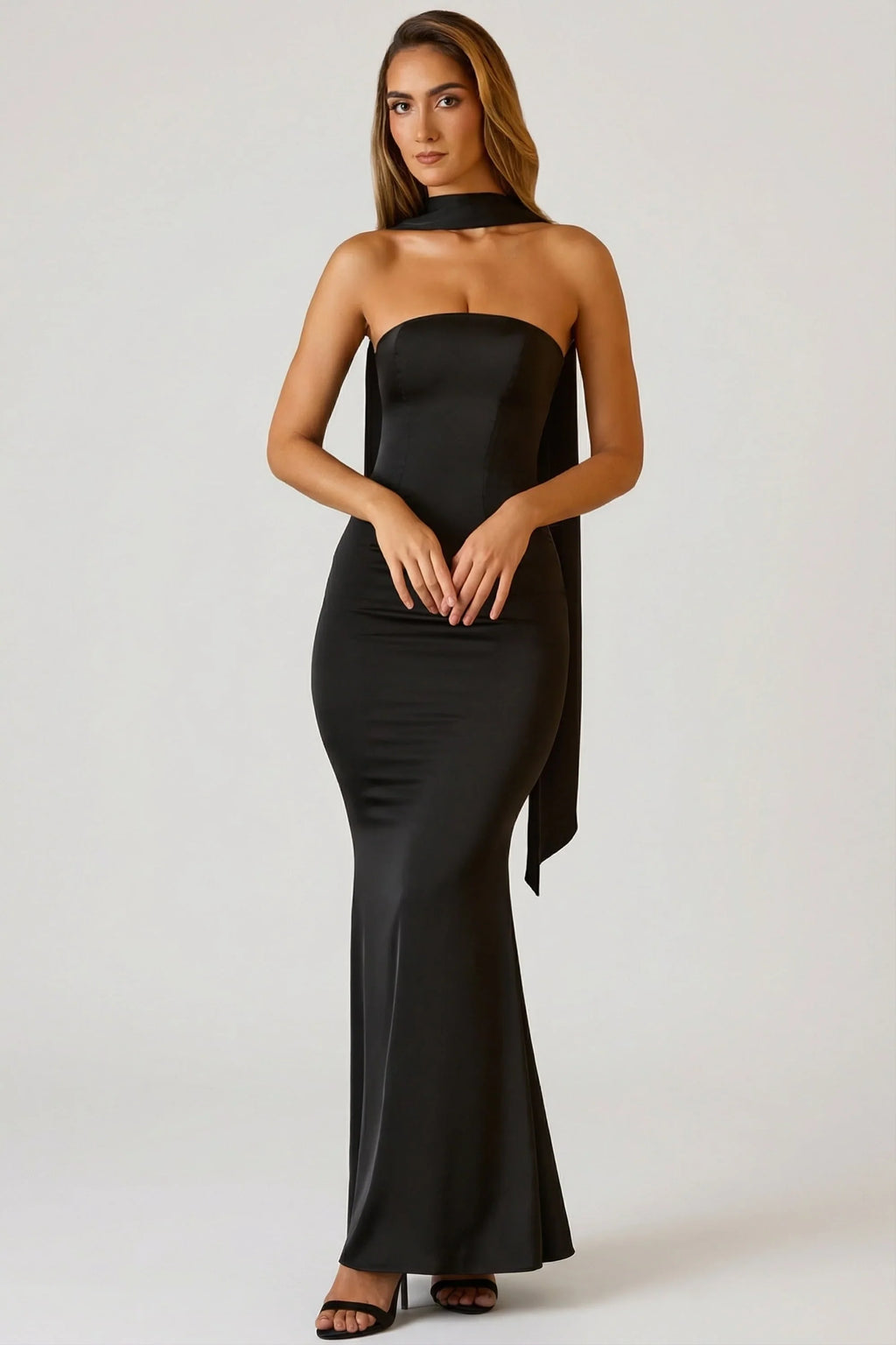 Scarf-Detail Strapless Gown in Black