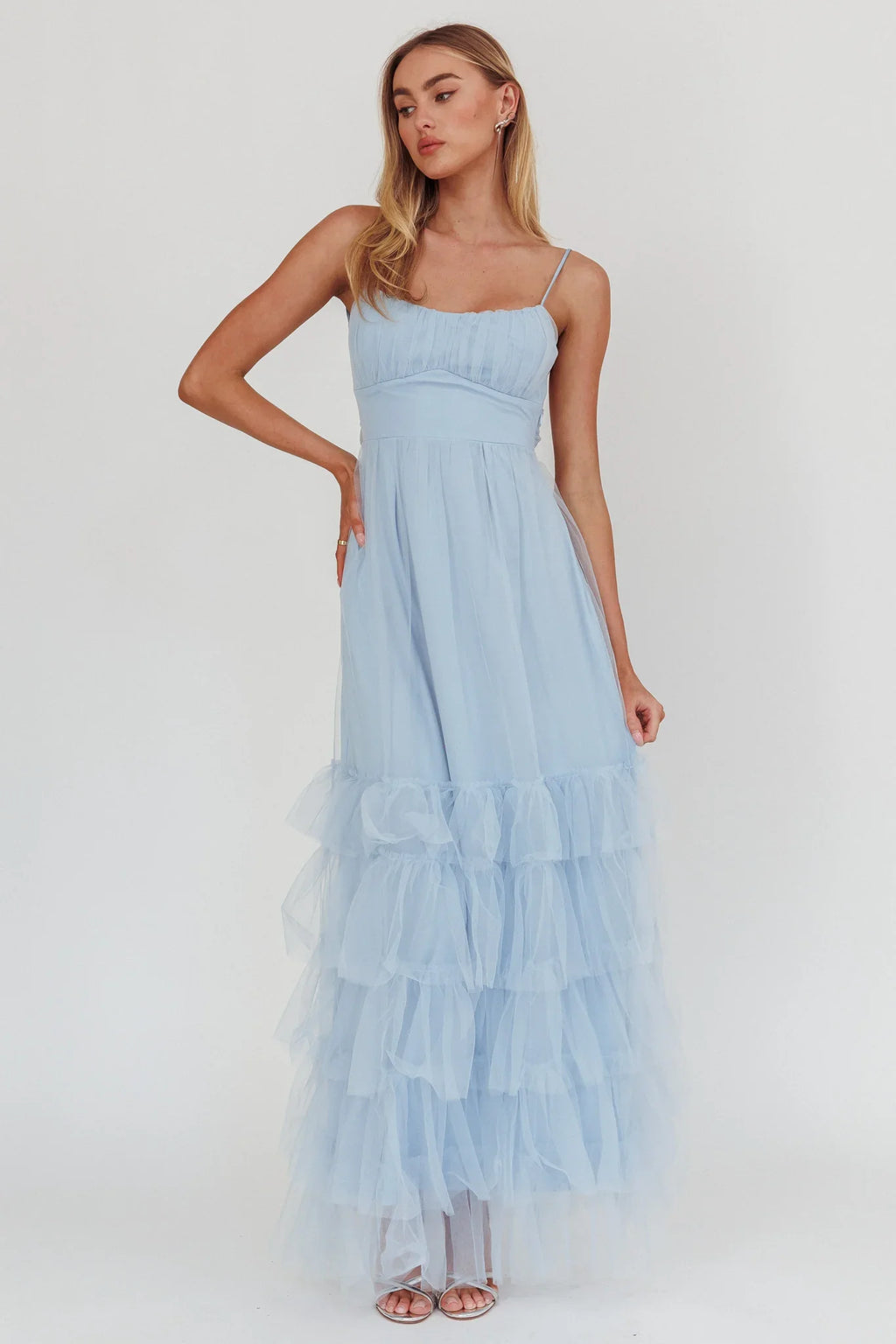 Nerida Twist Back Frill Trim Mesh Maxi Dress Steel Blue