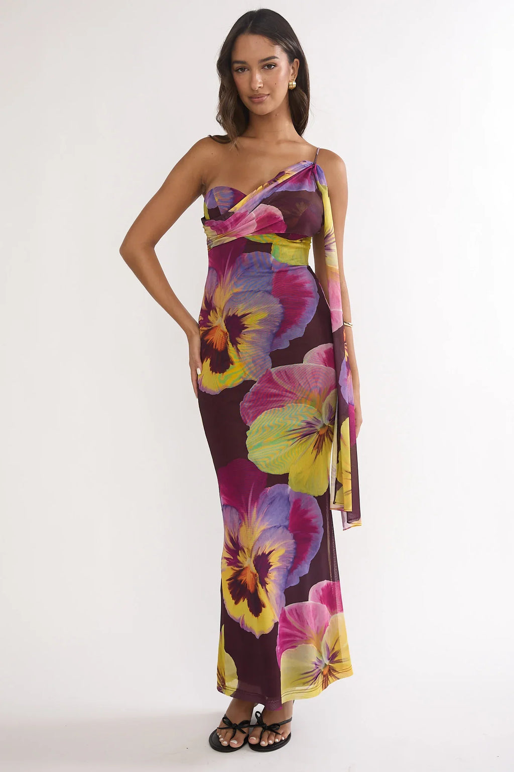 Tallis One-Shoulder Asymmetric Neckline Dress Brown
