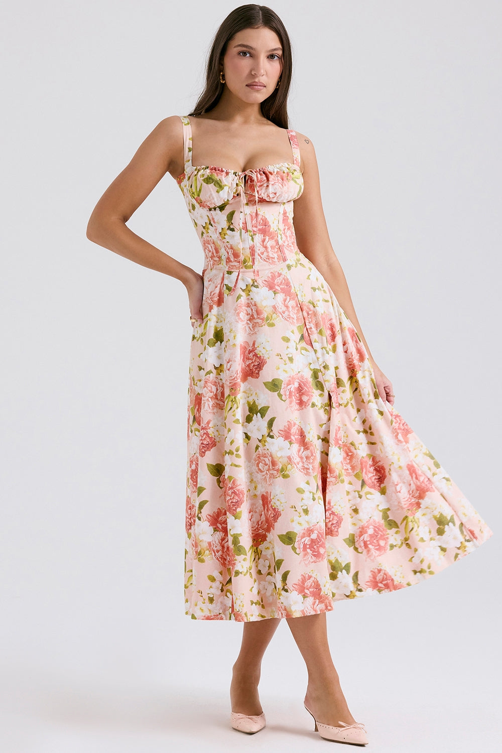 pink peony print cotton bustier sundress
