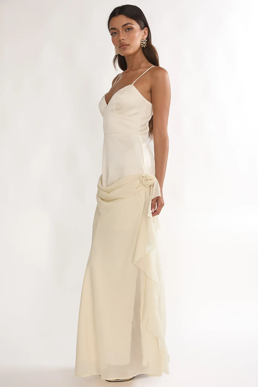 Rivena Rosette Chiffon Drape Maxi Dress Oyster