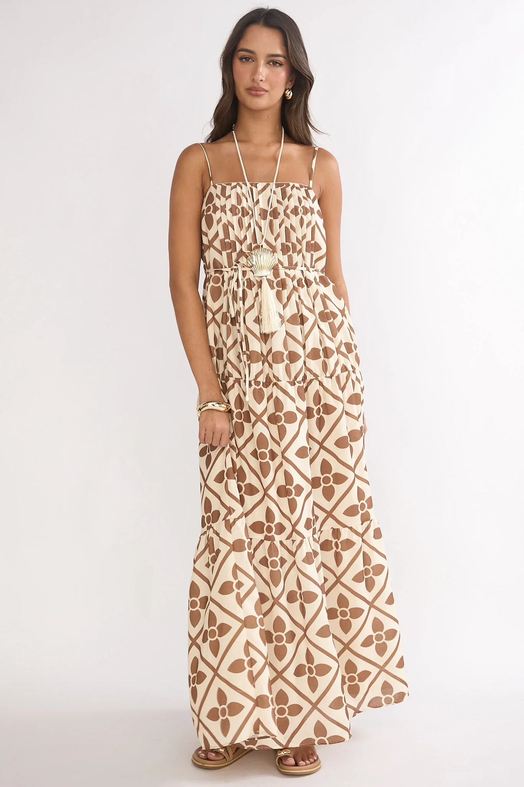 Lysette Pintuck Pleat Maxi Dress Brown Multi