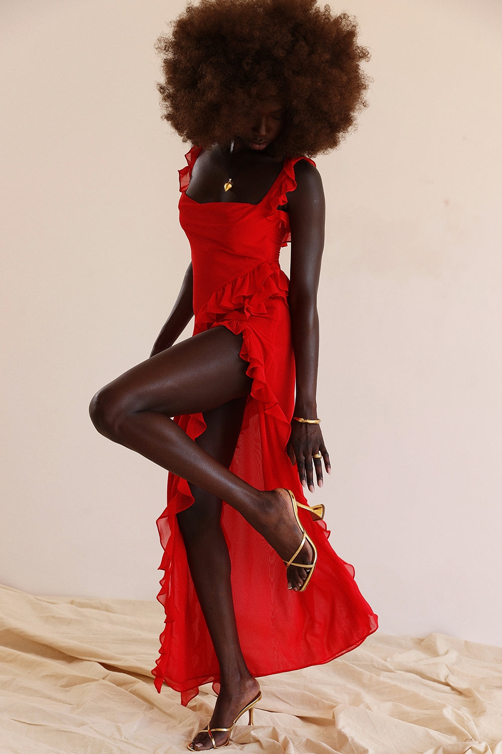 cherry ruffle maxi dress