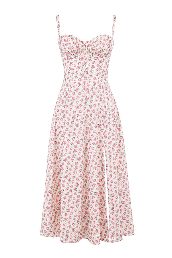 white rosebud print cotton bustier sundress
