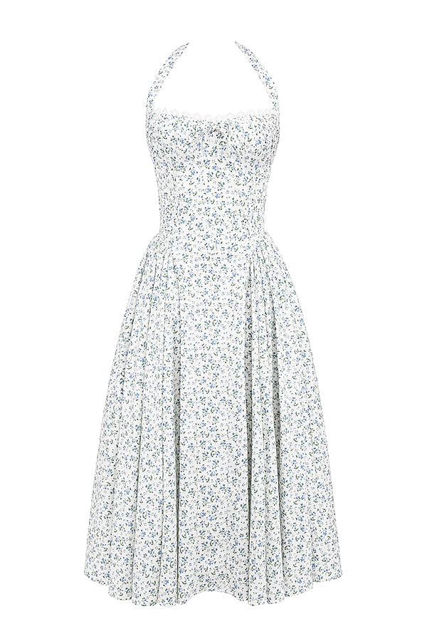 white bluebell print cotton halter sundress
