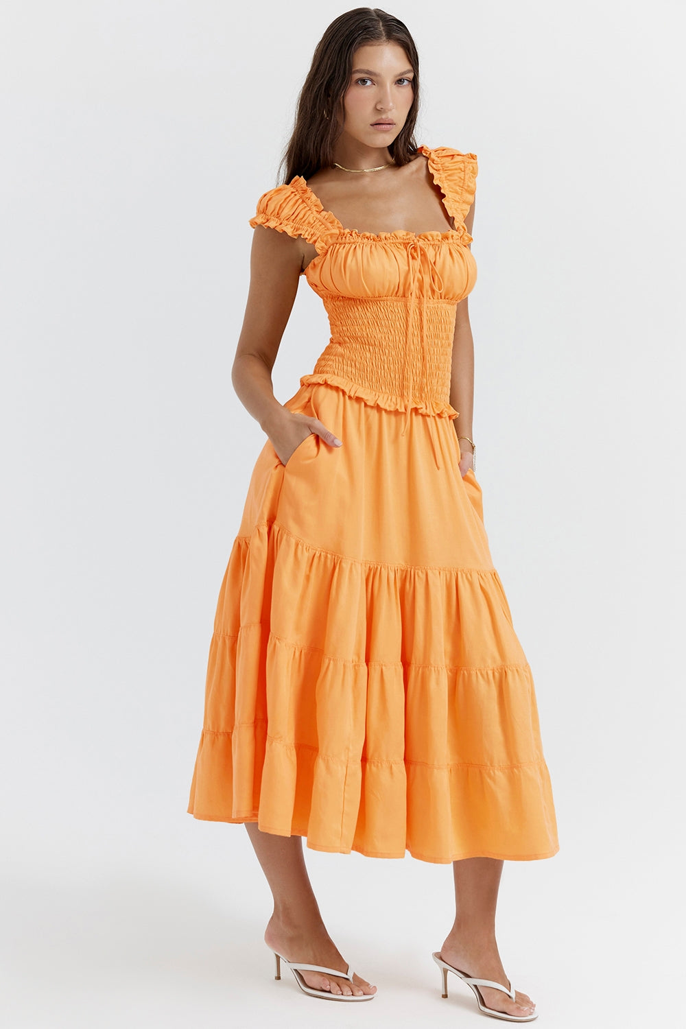tangerine shirred sundress