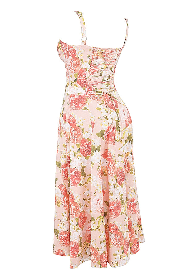 pink peony print cotton bustier sundress