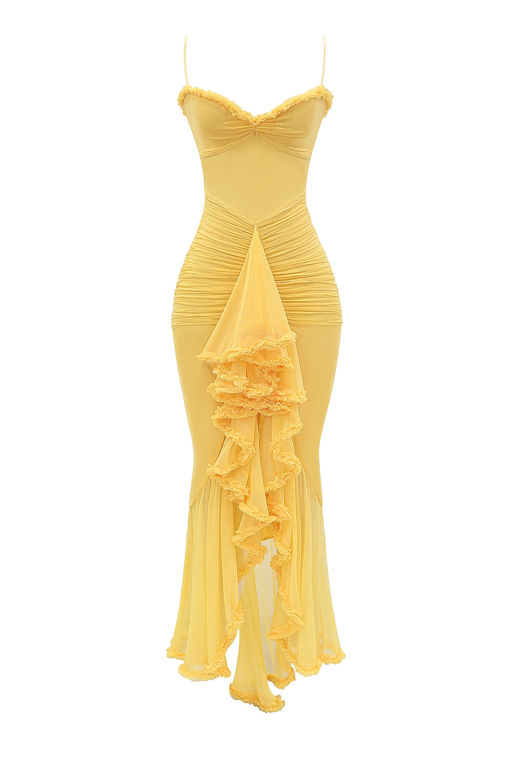 apricot ruffled front gown