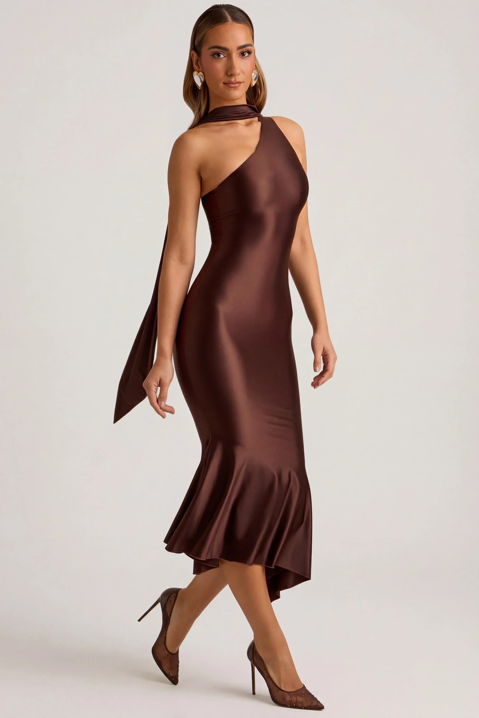 Asymmetric Scarf-Detail Midaxi Dress in Chocolate Brown