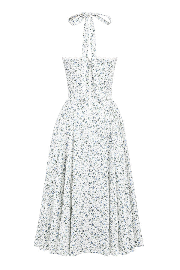 white bluebell print cotton halter sundress