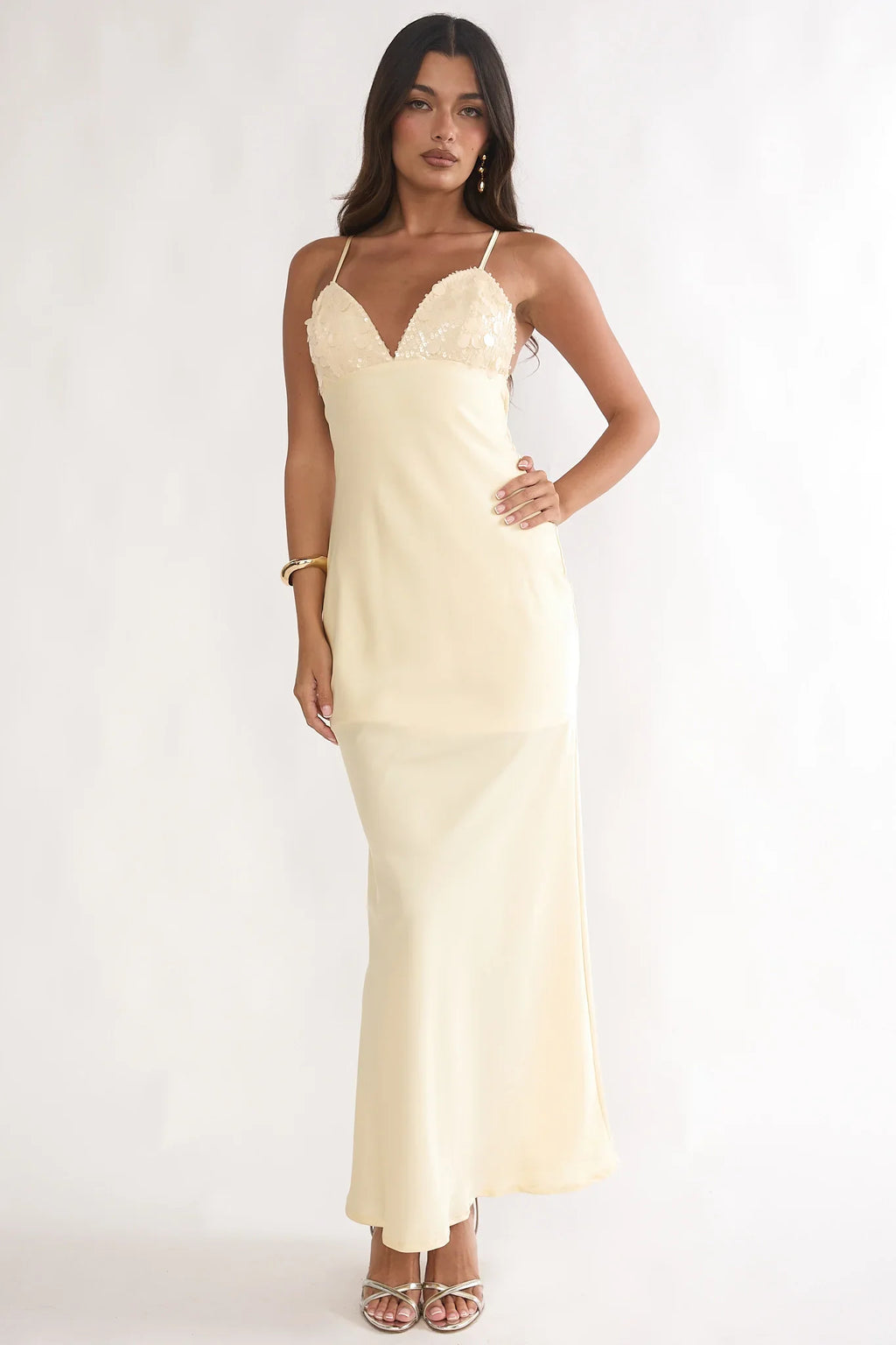 Brynn Sequin Bust Open Back Maxi Dress Butter
