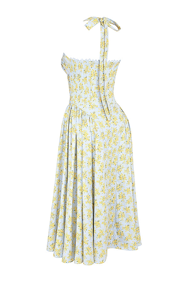 soft blue vintage floral print cotton halter sundress