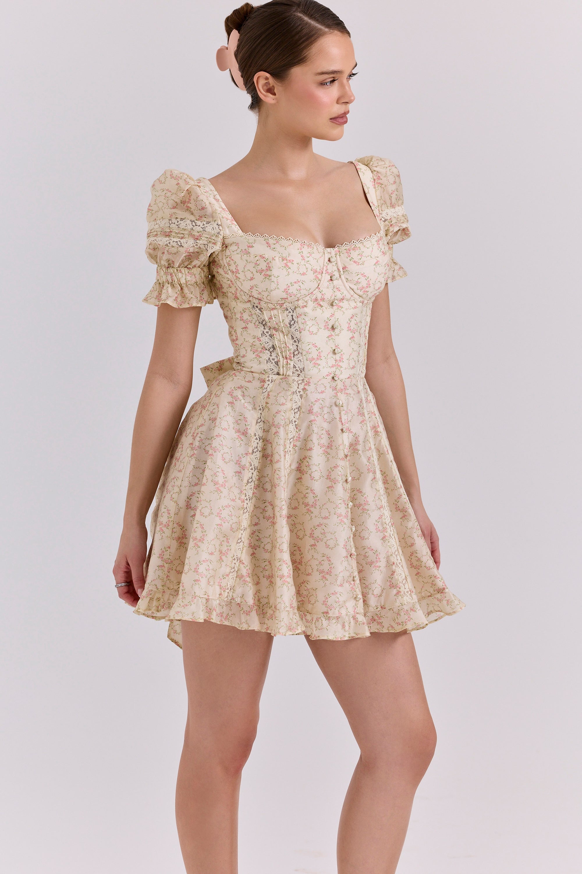 cream floral print chiffon puff sleeve mini dress