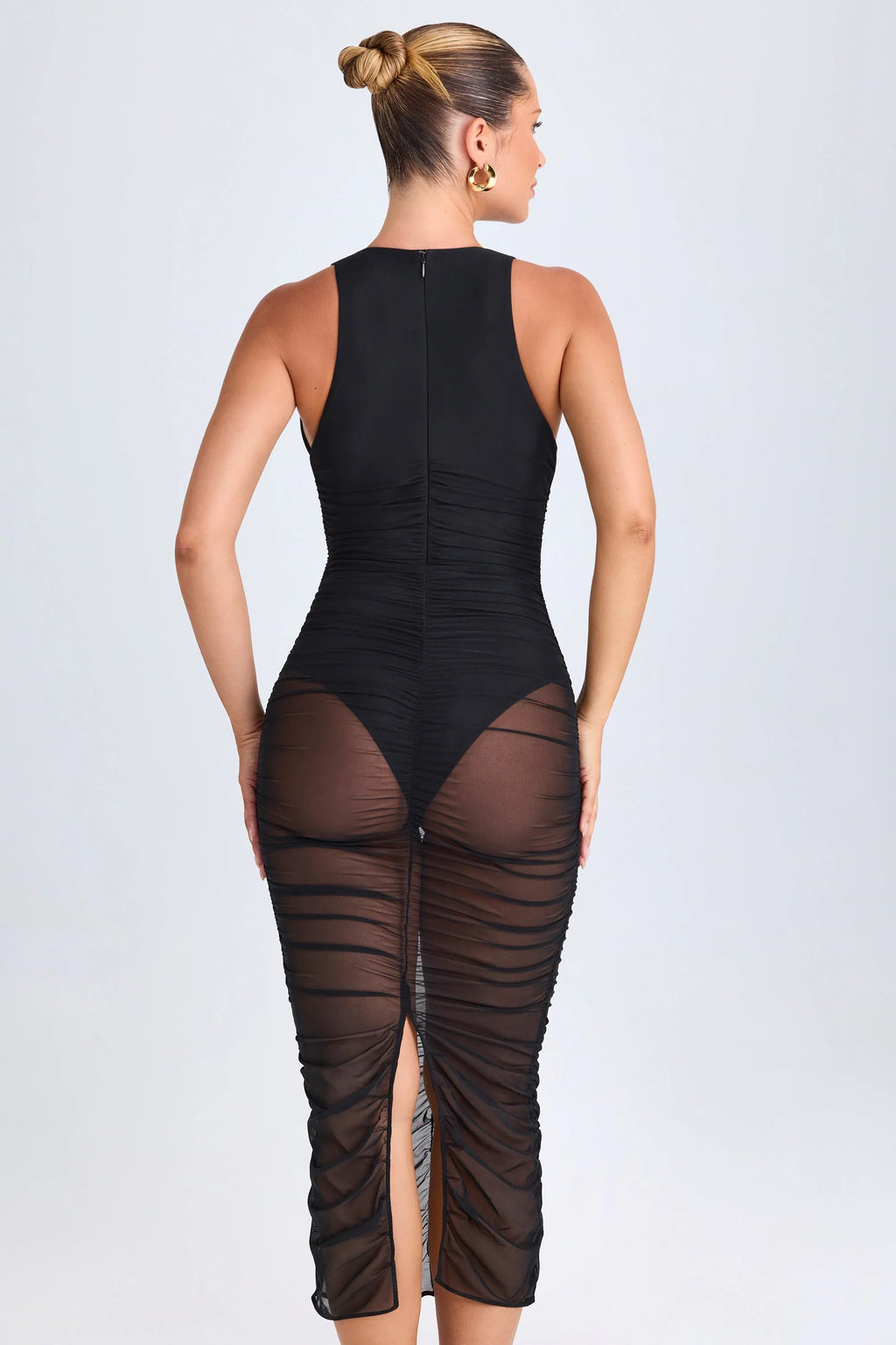 Ruched Plunge Midaxi Dress in Black