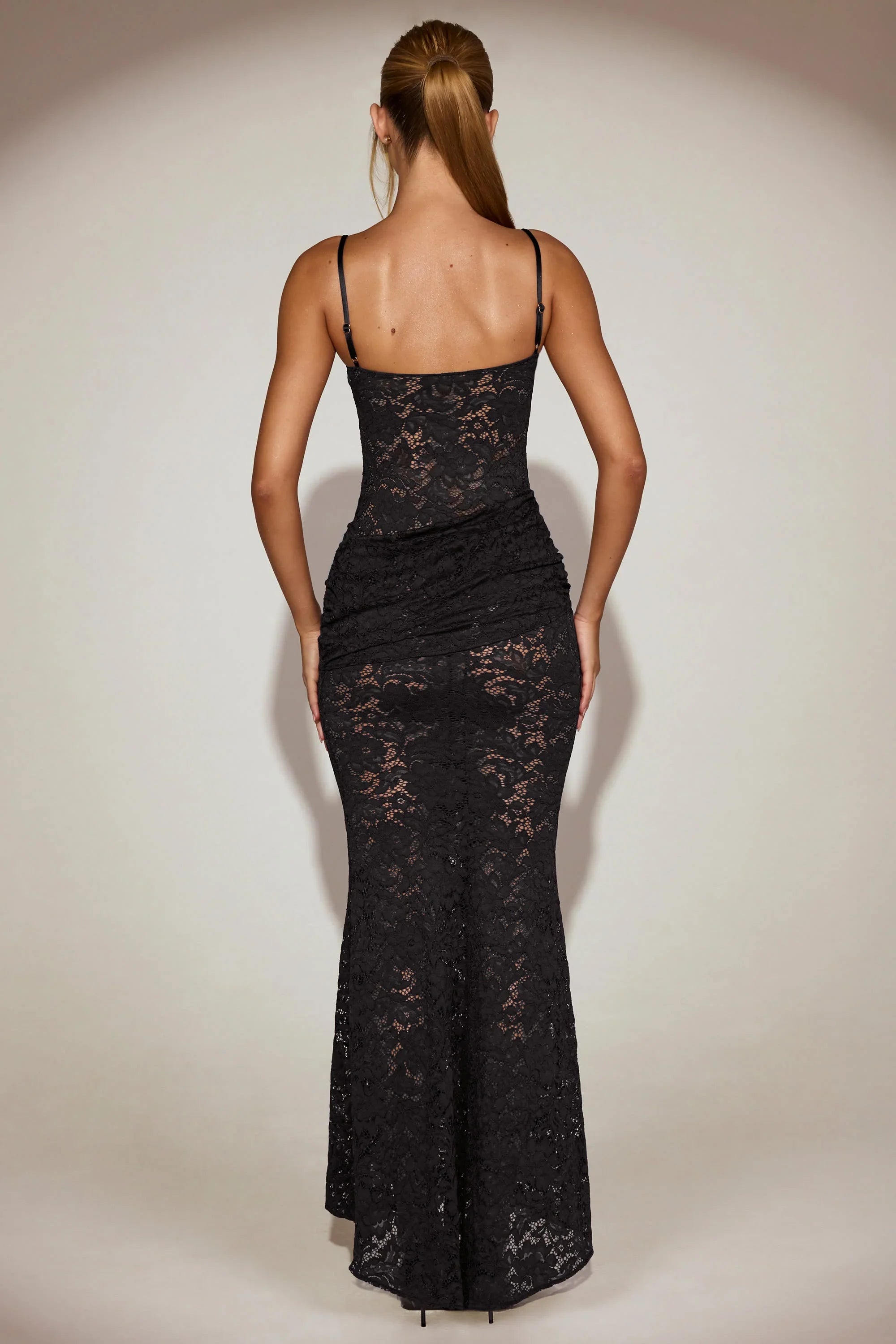 Sheer Lace Square-Neck Ruched Gown in Black