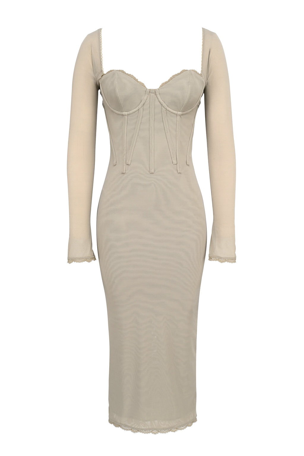 beige mesh long sleeve bodycon midi dress
